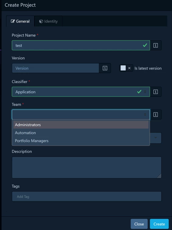 Adding a team when creating a project