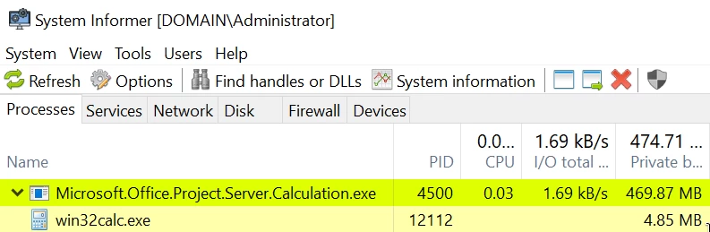Process win32calc.exe on the host where SharePoint is running