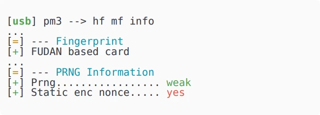 Partial output of the Proxmark3 hf mf info command for such a card. The protection was named static encrypted Nonces