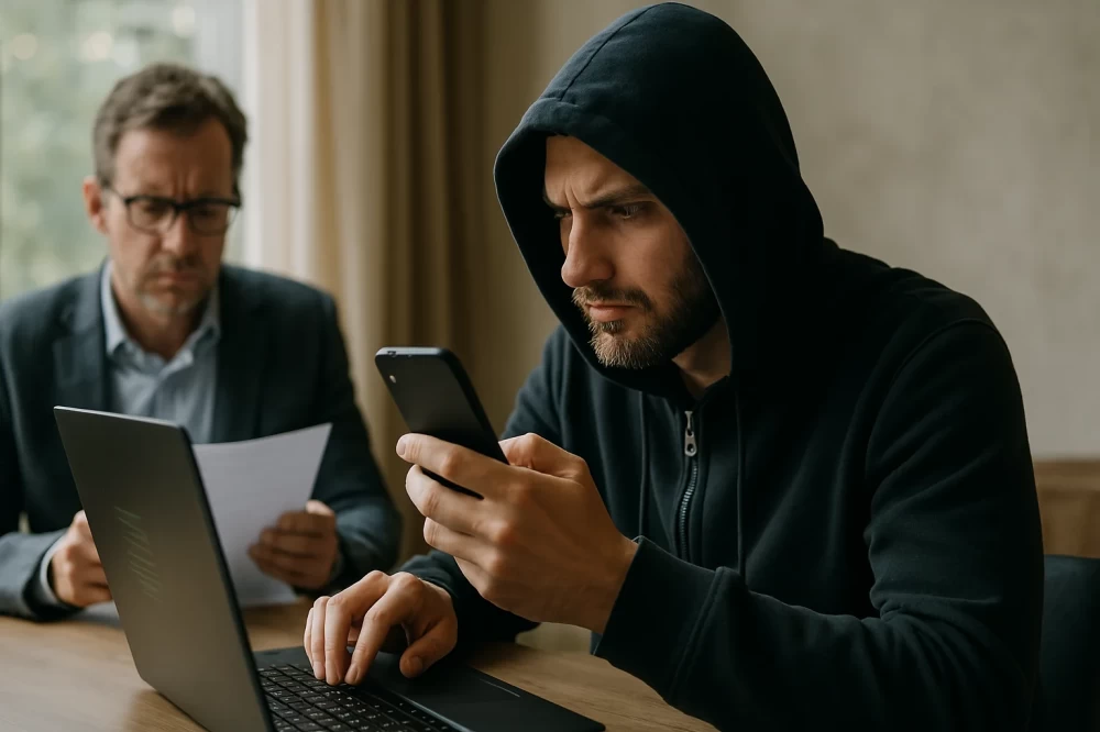 A group of Red Team specialists conducts a hacking session on the LLM agent, using various attack methods, with devices for analysis and monitoring visible on the table.