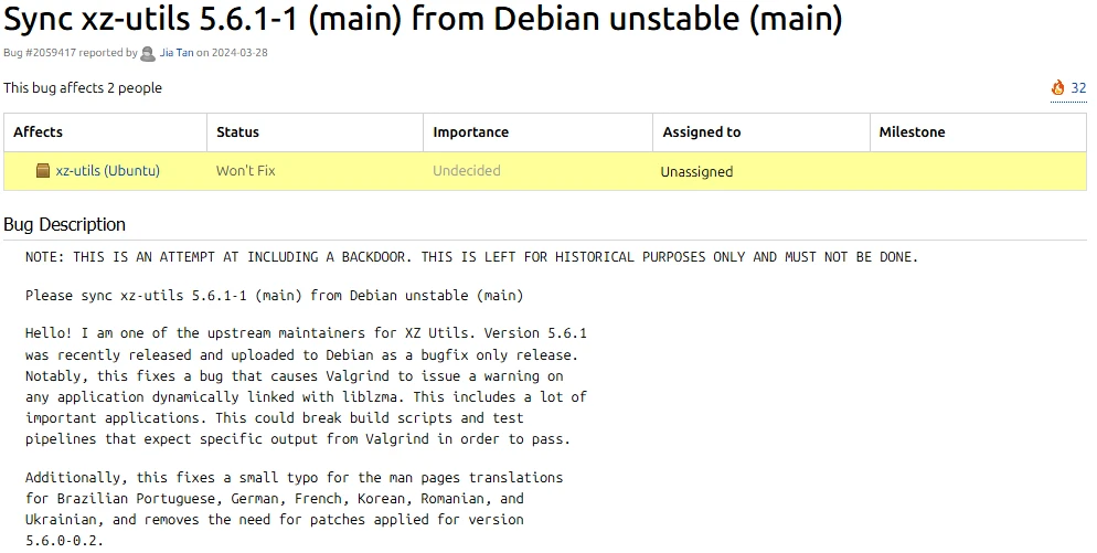 Screenshot of a chat with a message about the discovery of a vulnerability in XZ Utils, flashing like a warning signal