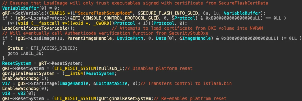 Part of the callback function from SecureFlashDxe that passes control to the isflash.bin flasher