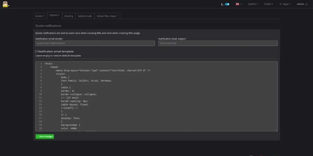 Location in the admin panel where the notification template for reaching the quota is edited.
