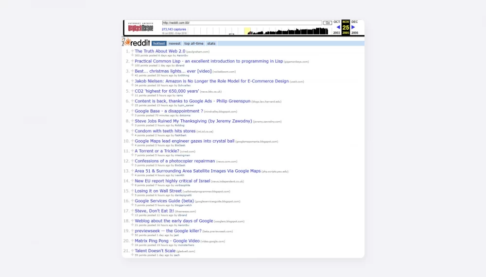 
This is what Reddit's homepage looked like on November 25, 2005. The ninth point is especially good. Source: Tech.Onliner