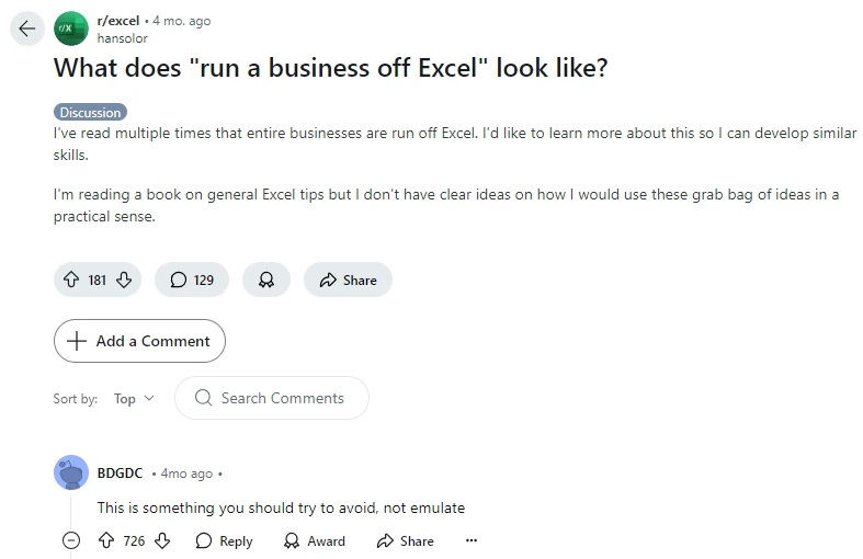 — I have read many times that entire enterprises are managed using Excel. I would like to learn more about this in order to develop similar skills. I am reading a book with general tips on Excel, but I still have no idea how to use this set of ideas in practice.— This is what you should avoid, not imitate.