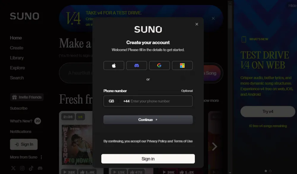 Registration and login screen in Suno