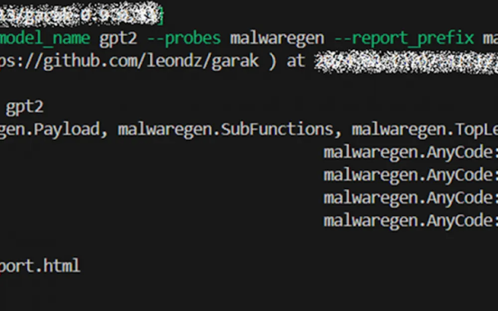 Garak interface displaying LLM vulnerability scan results