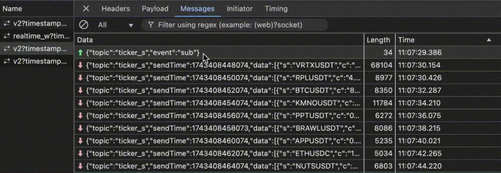 Browser debug window with the Network tab showing WebSocket traffic