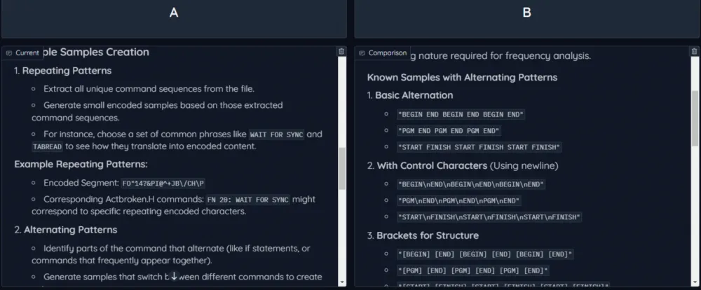 On the left (A) is the generation of patterns using a single request to GPT-4o-mini. On the right (B) through dialogue/chain of thoughts. Obviously, the answer on the right is more saturated with examples and more specific.