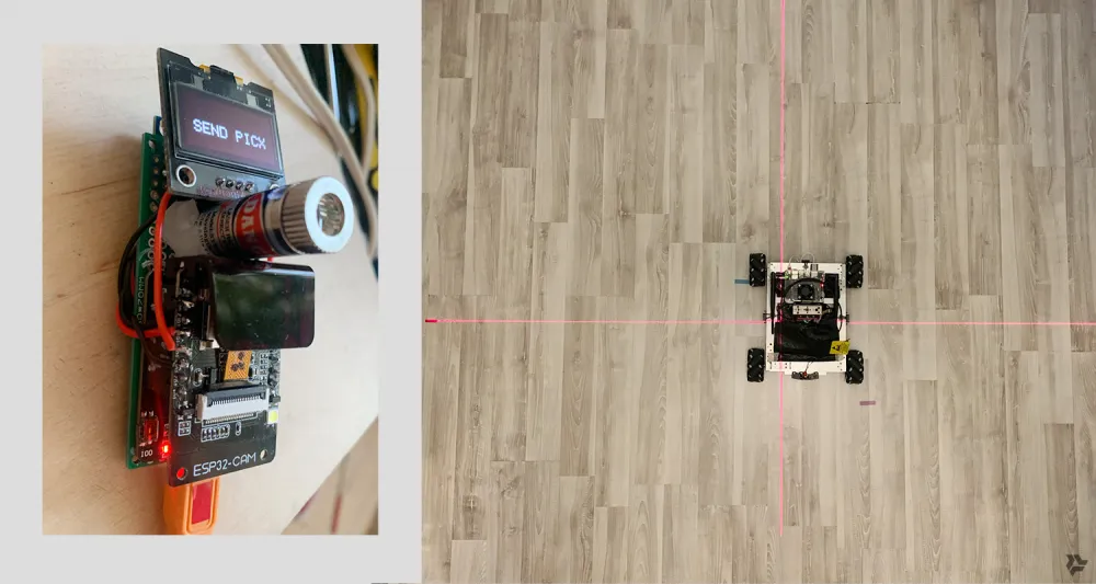 ESP32-CAM camera and image transmitted by the camera, view from the ceiling