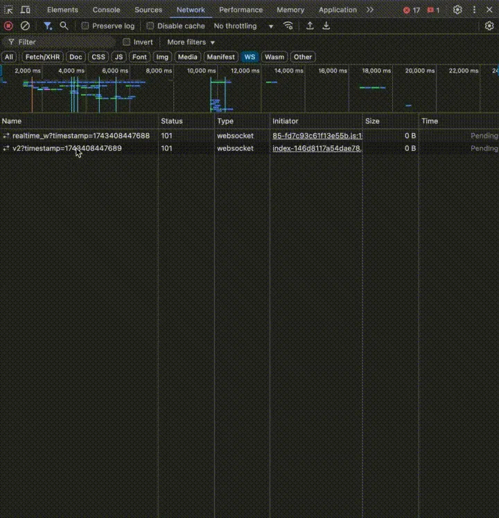 Screenshot of WebSocket connection setup code in JavaScript