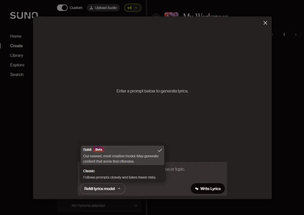 The generator window, where the new ReMi model is selected. The hint warns that the generated text may contain profanity
