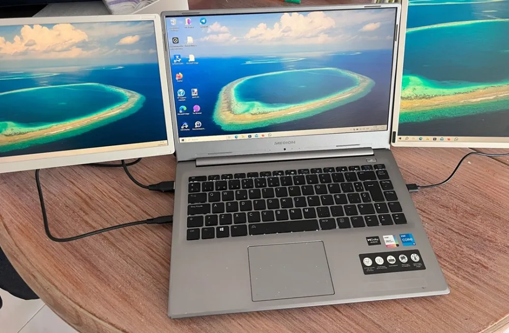 A system of a laptop and two portable displays, similar to a Cheburashka