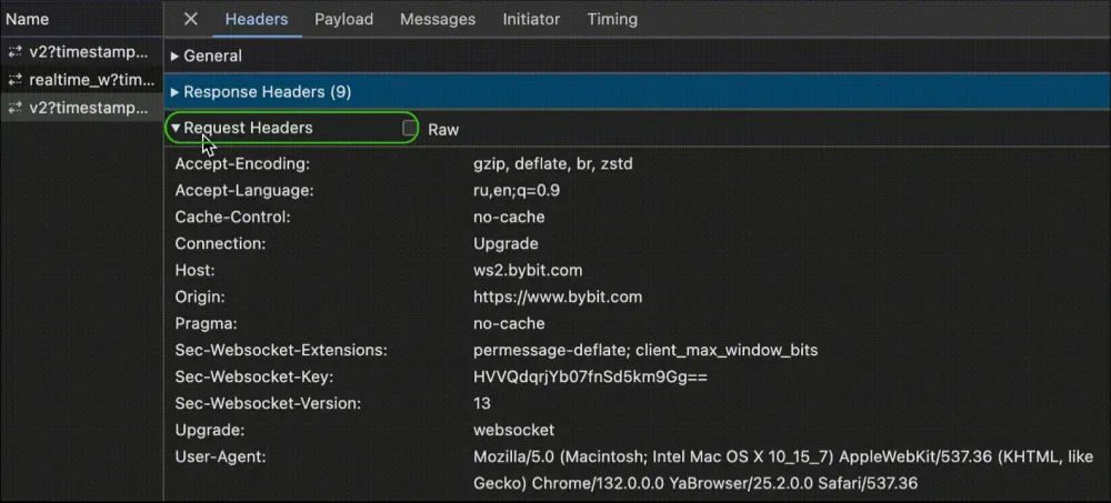Fragment of a web application interface with a WebSocket connection status indicator