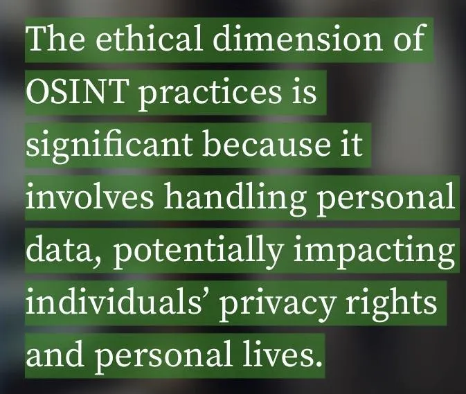 The image shows an analyst using OSINT methods to collect information from open sources, such as social networks and websites, to analyze and identify potential threats.