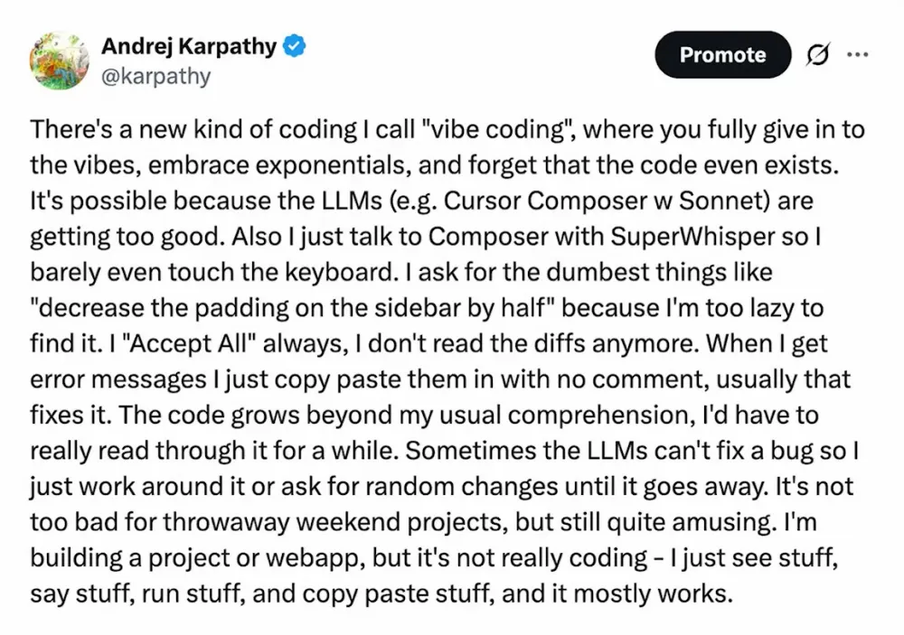 “A new programming style has emerged, which I call 'vibe coding.”