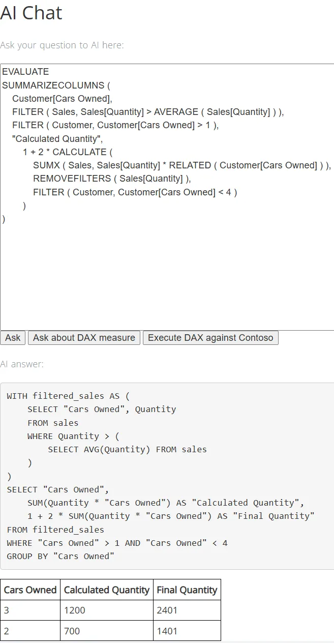 Example of executing a DAX query in the AI DAX engine based on PostgreSQL