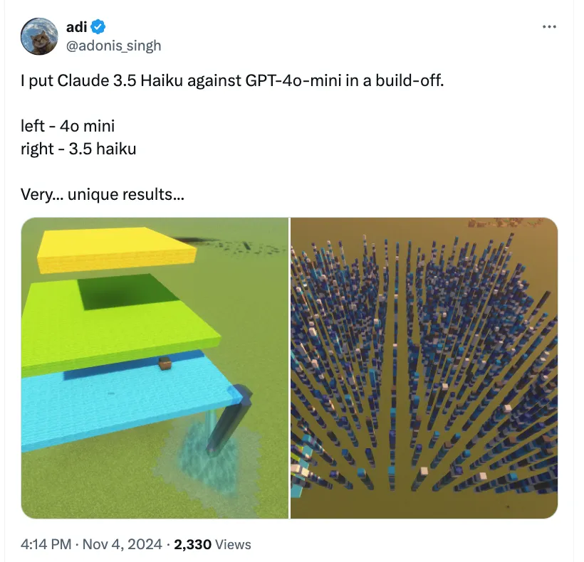 A screenshot from Minecraft where AI builds complex structures, showing its problem-solving ability and creativity.