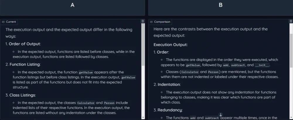 On the left (A) is the generation of patterns using a single request to GPT-4o-mini. On the right (B) through dialogue/chain of thoughts. In both cases, the problem with the output order is noted. However, the response on the left is significantly richer in details.