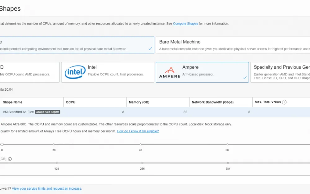 VM configuration interface based on Oracle OCI Ampere