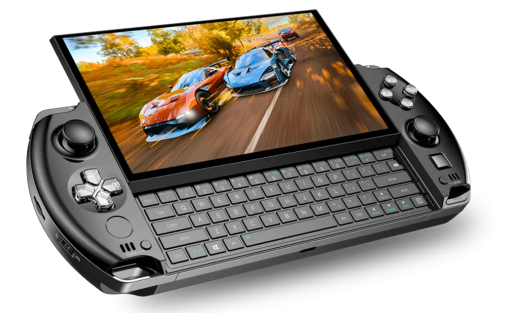 A modern portable console with new games against the background of Christmas lights