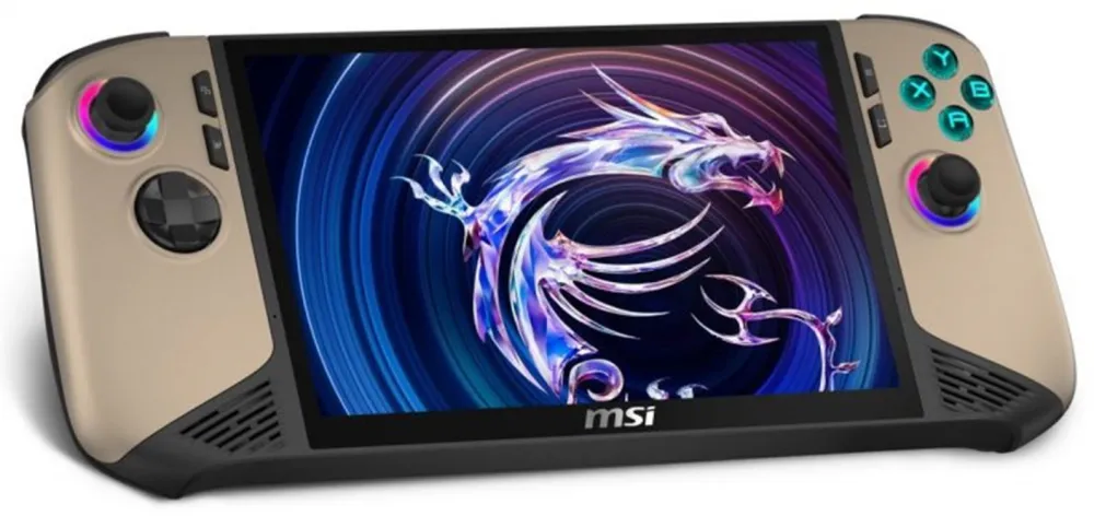 A portable gaming console with a futuristic design and a bright screen under the tree