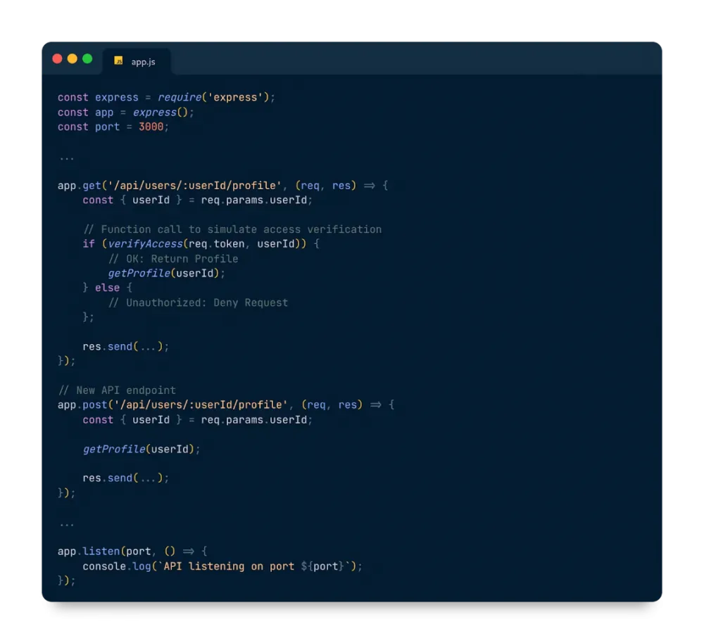 Code example demonstrating an IDOR vulnerability in an API.